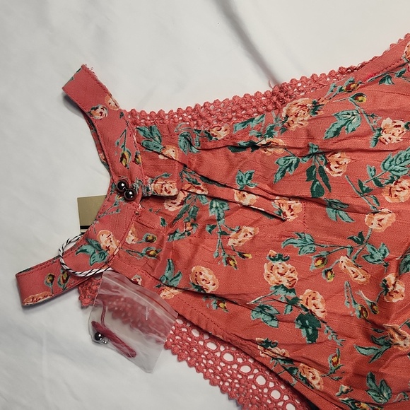 Angie Girls 11/12 Floral Sleeveless Dress Coral Pink Boho Crochet Trim - Picture 6 of 6